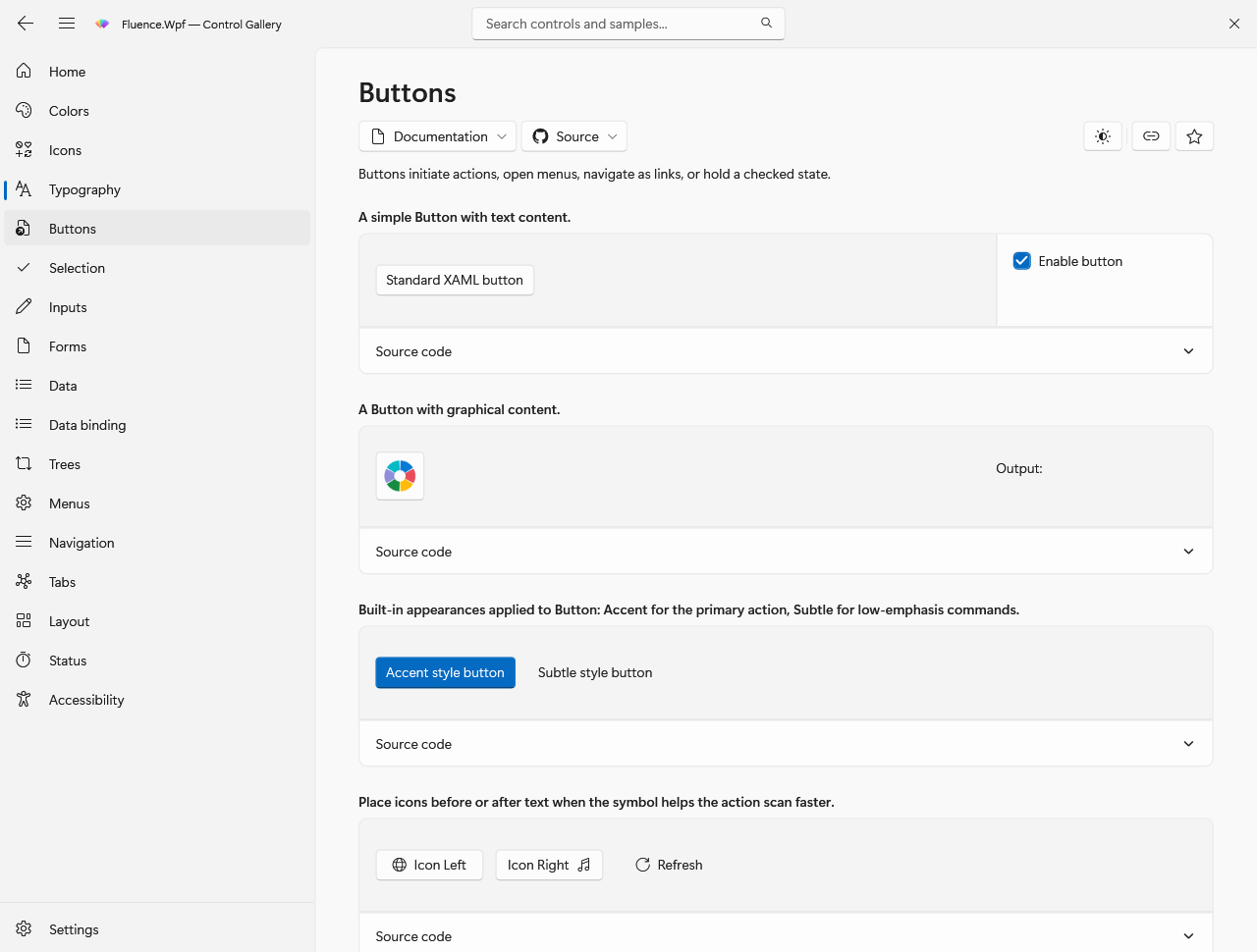 Gallery button examples using the light theme