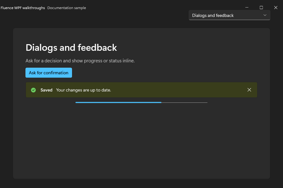 Dialogs and feedback demo in dark mode