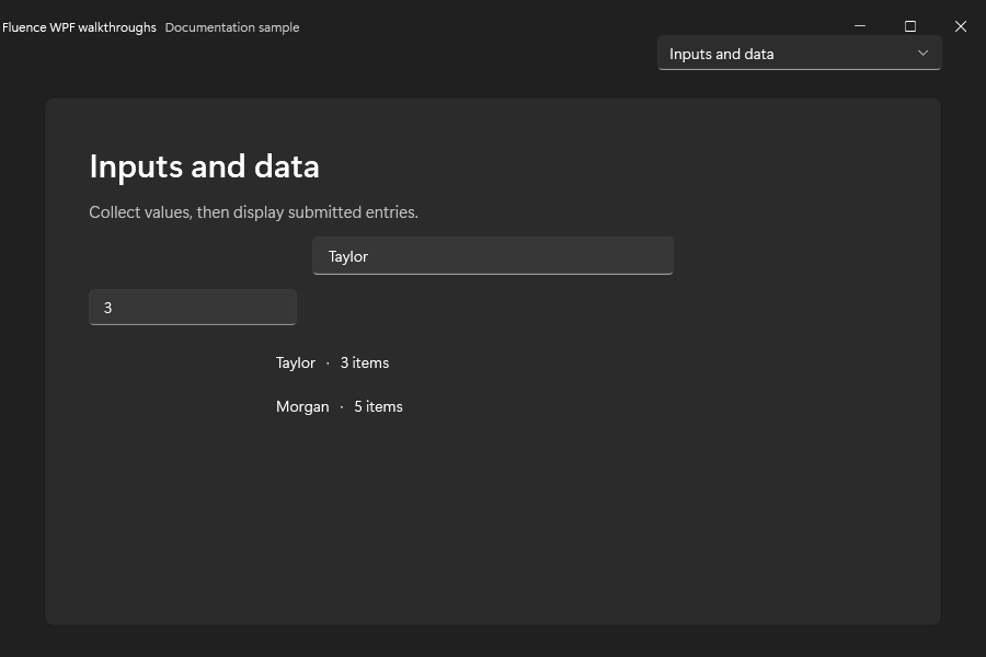 Inputs and data demo in dark mode