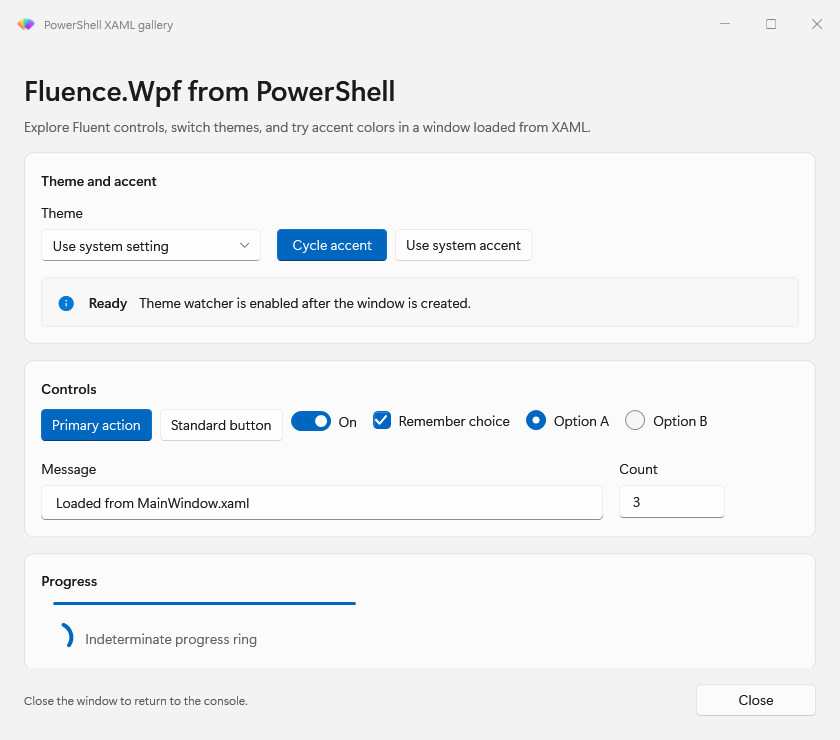 PowerShell hosted window with Fluence controls